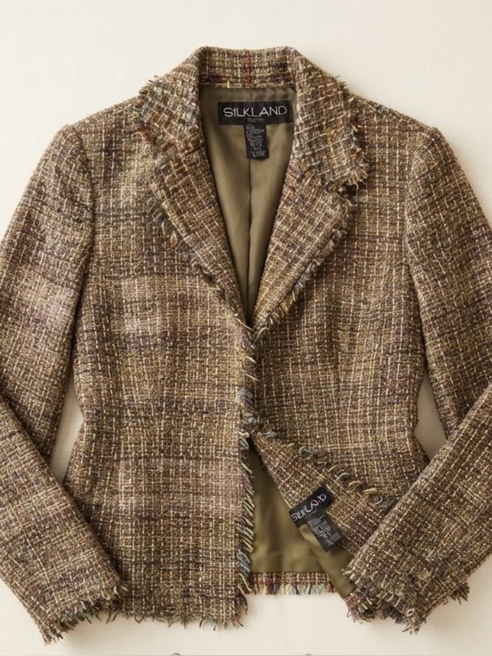 Silkland Petite Multicolor Tweed Silk Blend Fringe Blazer Jacket P/P